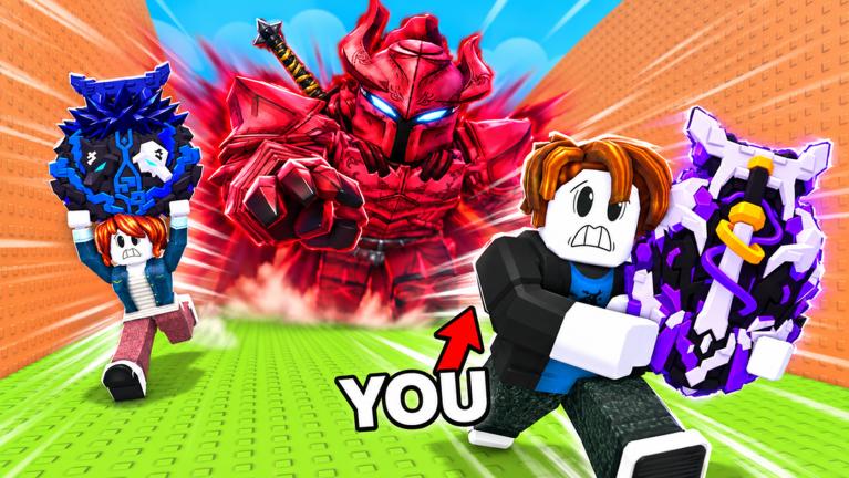 Steal Anime Eggs promotional artwork: two Roblox avatars carrying eggs with a red armored figure behind them.